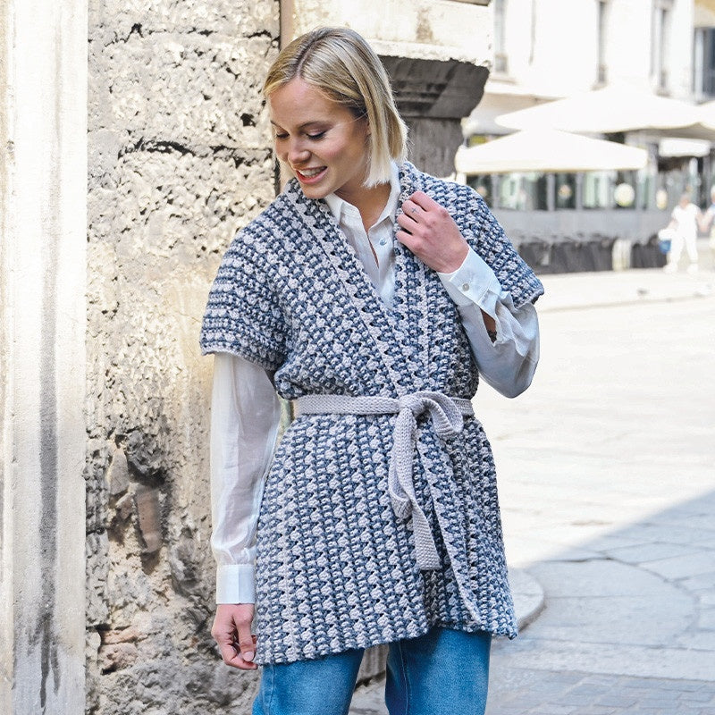 GILET LUNGO BICOLORE CON CINTURA - MERINOS ARAN 100