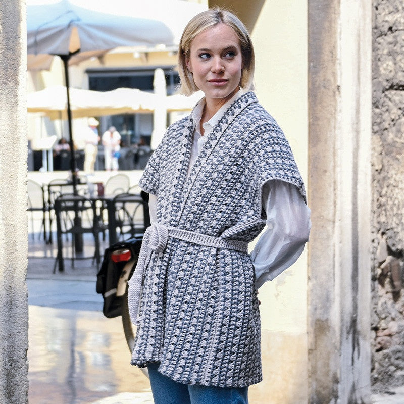 GILET LUNGO BICOLORE CON CINTURA - MERINOS ARAN 100